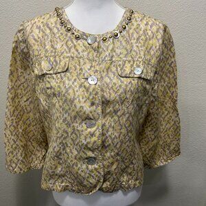 Ruby Rd yellow and brown shimmer crop linen jacket, beaded, size 10